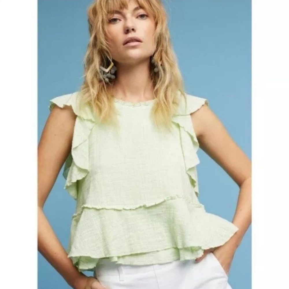 Anthropologie Maeve Lime / Mint Green Ruffle Sleeve Cascade Crop Top Size XS
